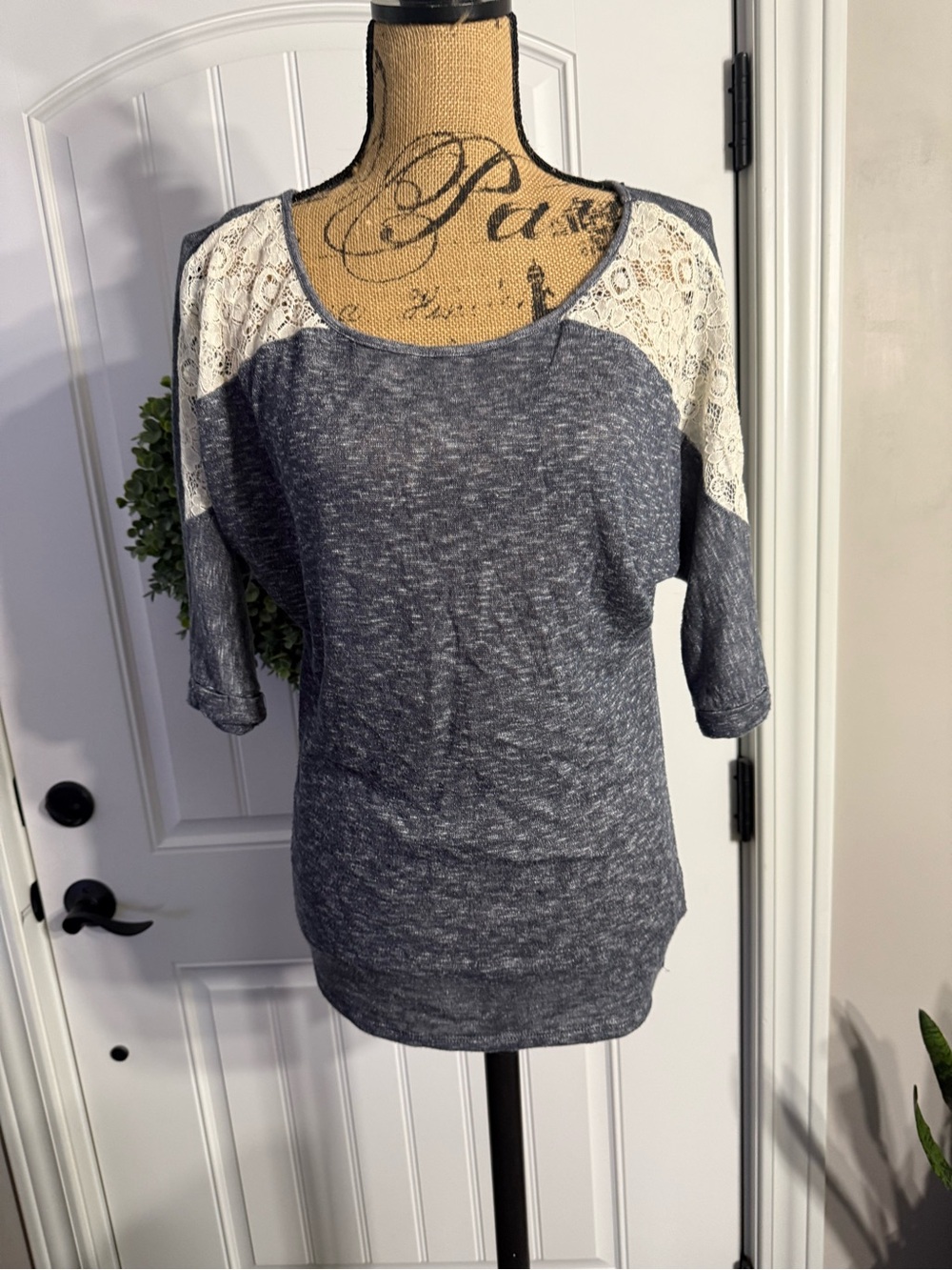 Decree Heather Navy Top with Cream Lace Shoulders